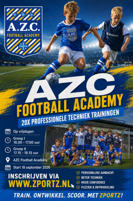 20 techniek trainingen AZC FOOTBALL ACADEMY seizoen 2026-2027 voor alle JO7 t/m JO15
